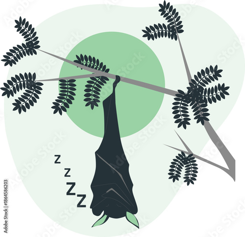 A sleeping bat hangs upside down from a tree branch surrounded by leaves in a serene environment.