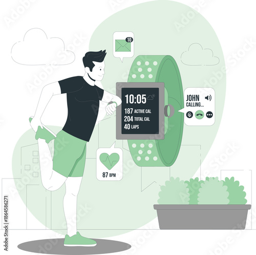 A person checking their smartwatch while standing outdoors near a potted plant