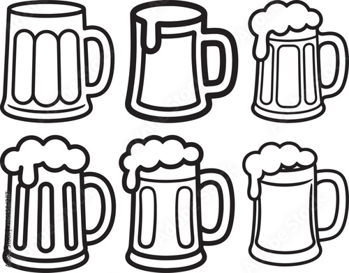 Set of Beer Mug Line Art Coloring Book Page Outline Vector Illustration