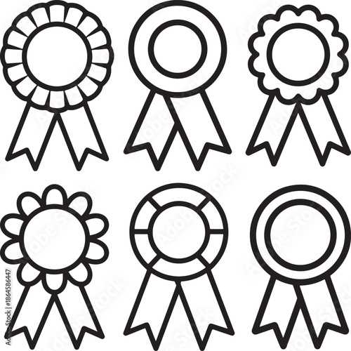 Set of Award Ribbon Line Art Coloring Book Page Outline Vector Illustration