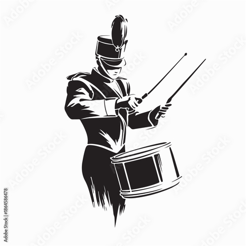 Drummer in Uniform Playing Bass Drum Drumsticks Marching Band Logo Vector