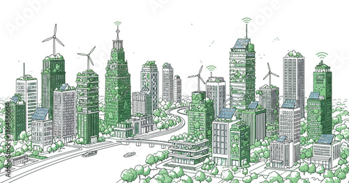 Illustration depicting a futuristic smart city skyline where architecture integrates sustainable green technology like rooftop gardens and wind turbines for ecological balance.