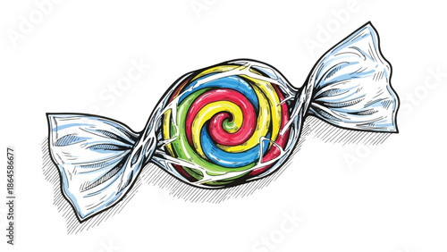 Colorful swirl candy in crinkled plastic wrapper