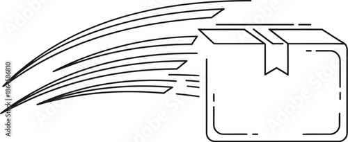 Simple black and white line art icon depicting a rapidly moving package or box symbolizing fast delivery service concept