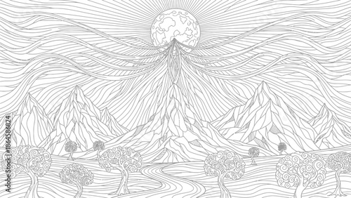 Mystical line art coloring page featuring towering mountains a winding path and a celestial body illuminating the landscape