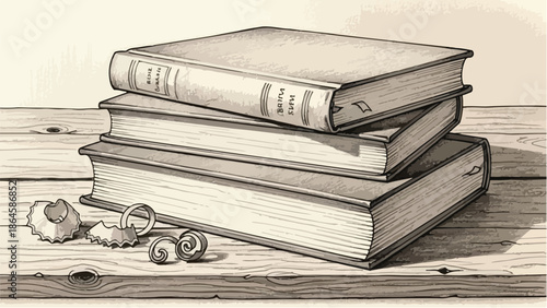 Stack of vintage books on a wooden surface