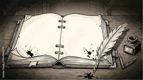 Antique open book with quill pen and ink inkwell