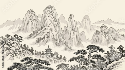 Traditional Chinese mountain landscape painting sketch