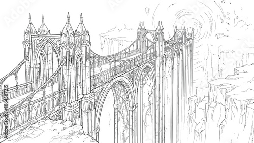 Majestic gothic fantasy bridge illustration spans a deep chasm toward a mysterious swirling vortex in the distance
