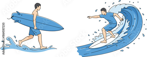 Active young man surfing on big blue ocean wave and walking with blue surfboard on tropical beach summer vacation vector flat illustration