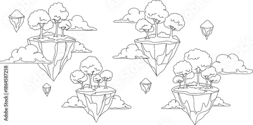 Collection of four detailed black and white line art drawings depicting magical floating islands with trees and surrounding clouds