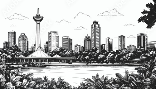 Simple line art of a city waterfront skyline