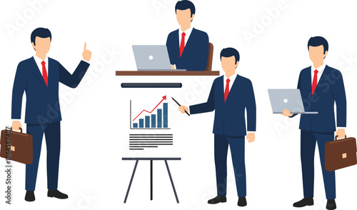 Business team, corporate strategy, data analysis, office meeting, teamwork, presentation, growth chart, laptop work, formal attire, collaboration, success