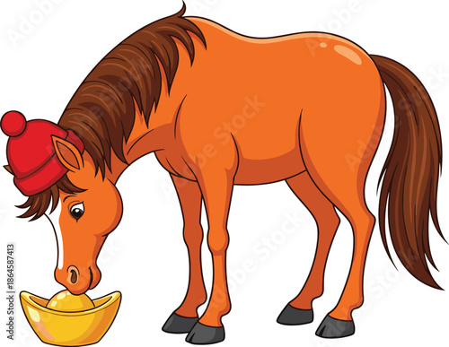 Cartoon horse wearing red beanie hat sniffing a gold sycee ingot bowl, chinese new year zodiac sign horse animal vector