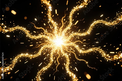 Golden Sparkle Burst on Black Background for Abstract Design