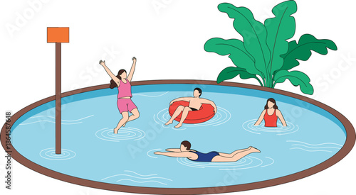 Happy group of people enjoying fun summer water activities in backyard swimming pool, relaxing on inflatable ring, swimming, and jumping into water