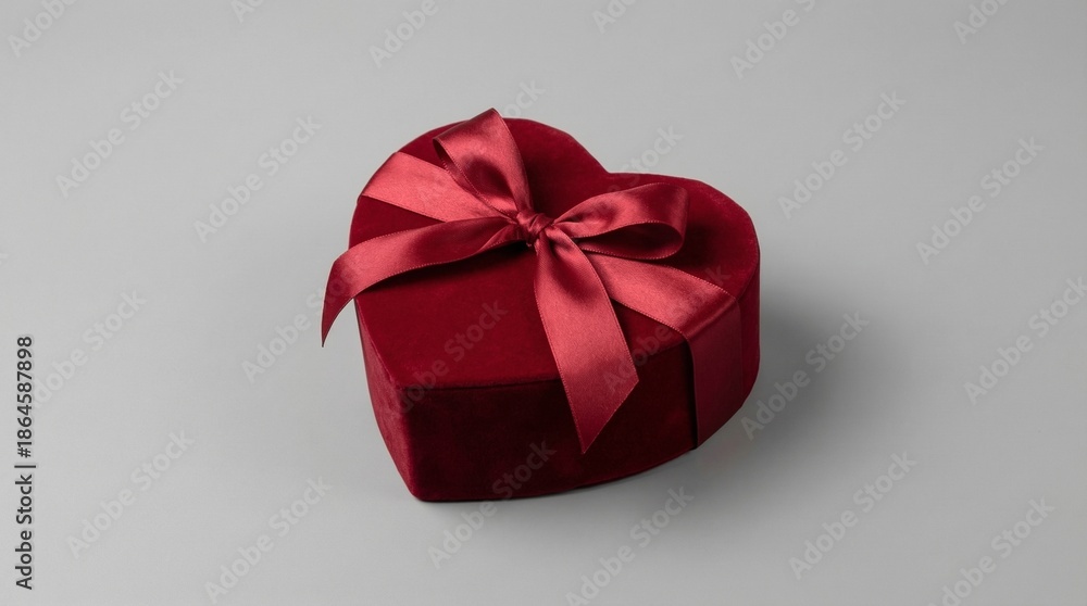 Obraz premium Luxurious red velvet heart-shaped gift box tied with a satin ribbon and bow, isolated on a clean gray background. Perfect for Valentine's Day, romance, or anniversary gifts.