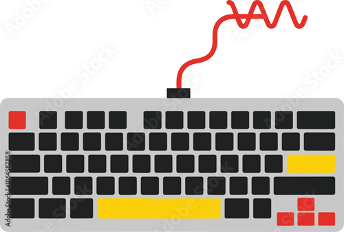 Mechanical gaming keyboard icon with black keys and yellow accent and red cable isolated on white background, essential computer hardware accessory