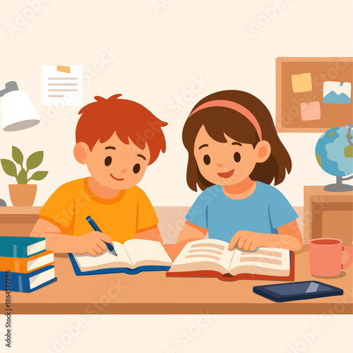 Children Studying Together at Home Desk Vector Illustration ai