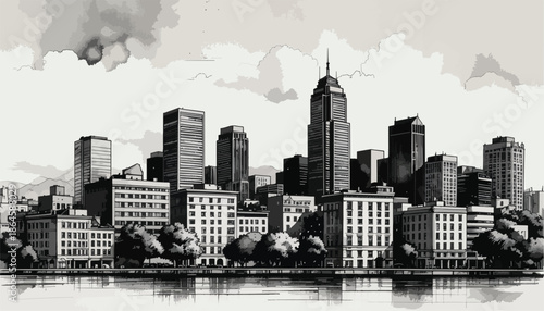 Minimalist sketch of a dense urban city skyline