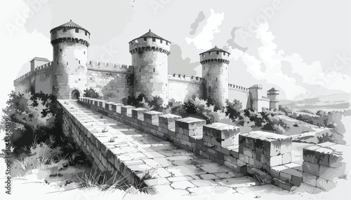 Architectural sketch of a historical castle fortress wall