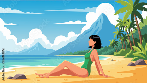 Tropical Beach Vacation Vector Illustration of a Woman Relaxing on the Sand with Mountains and Palm Trees in the Background