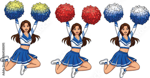 Cheerleader girls jumping with colorful pom poms, energetic sports spirit illustration for teamwork, school events, celebration, motivation and athletic performances