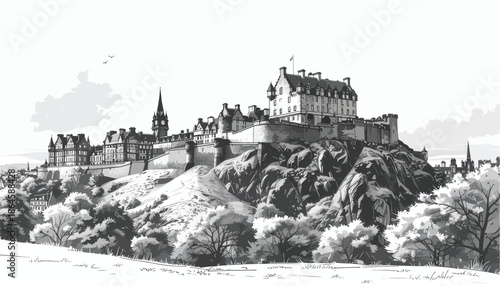 Perspective sketch of a castle on a hilltop cliff