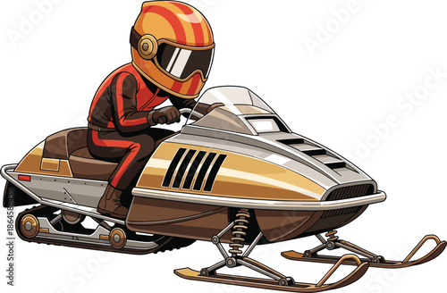 Snowmobile rider wearing helmet and racing suit driving vintage motorized vehicle on white background, winter sports extreme adventure flat vector illustration