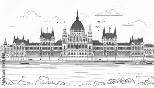 Wide angle architectural sketch of city parliament