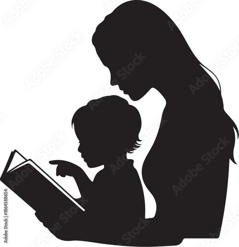 Silhouette of Woman and Child Reading Book Together