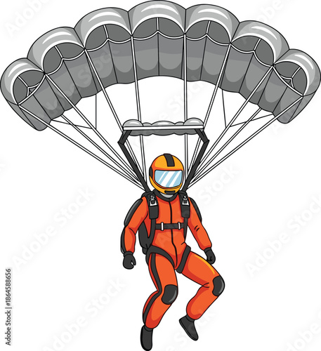 Vector illustration of professional skydiver in orange jumpsuit descending with open grey parachute canopy isolated on white background for adventure sports.