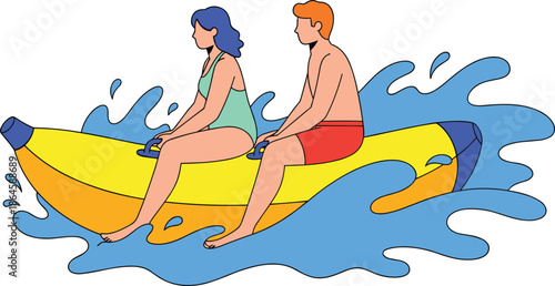 Young couple enjoying fun summer water activity riding a yellow banana boat through blue waves on tropical sea vacation flat vector illustration