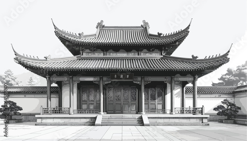 Frontal architectural sketch of an oriental temple