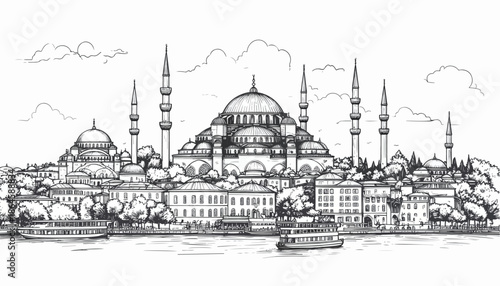 Hand-drawn sketch of a riverfront city at sunset