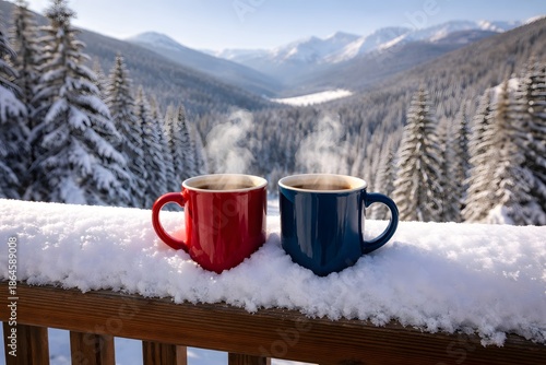 Two steaming mugs on a snowy balcony overlooking a serene winter landscape with mountains and evergreen trees in the distance.