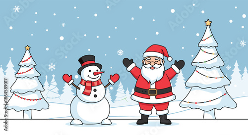 A festive winter scene with Santa Claus and a friendly snowman waving happily in a snowy landscape with decorated pine trees.