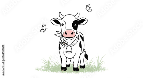 A charming black and white cartoon cow with a bell and a daisy, standing in green grass with butterflies fluttering around.