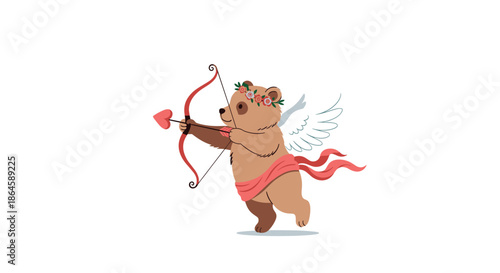 A cute cupid bear with angel wings and a flower crown, flying and aiming a bow and arrow with a heart-shaped tip.