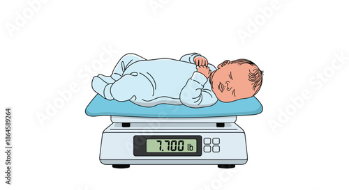 A newborn baby in a blue onesie lies peacefully on a digital medical scale showing a healthy weight for a check-up.
