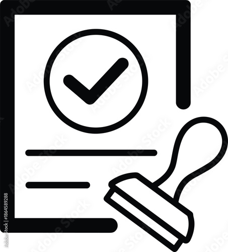 Approved document stamp icon illustration, verified checklist symbol, official certification concept, flat line vector design isolated on white background template