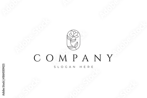 Rose flower logo in an oval frame with line art illustration design style