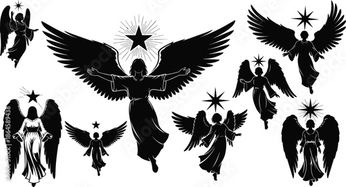 Christmas angel silhouettes, celestial holiday icons, spiritual guardian figures, festive star design, divine protection artwork, winter celebration decoration, religious seasonal illustration