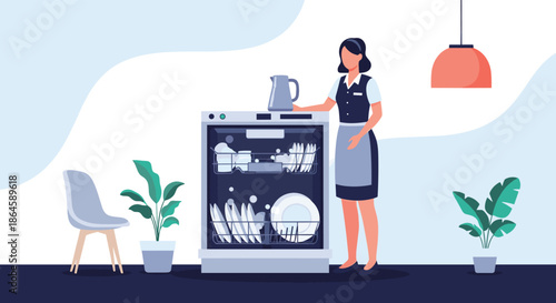A maid or homeowner in uniform is loading or unloading clean dishes from an open dishwasher in a modern kitchen setting.