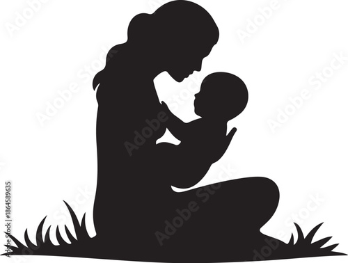 Silhouette of woman holding baby on grass