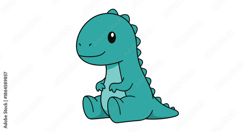 Fototapeta premium Adorable cartoon baby dinosaur in a lovely teal color sitting with a gentle smile, isolated on a clean white background.