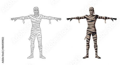 Side-by-side comparison of a line art and a fully colored cartoon mummy character standing in a T-pose on a white background.
