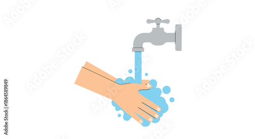 Simple vector icon illustrating proper hand washing with soap and running water from a tap for hygiene and disease prevention.