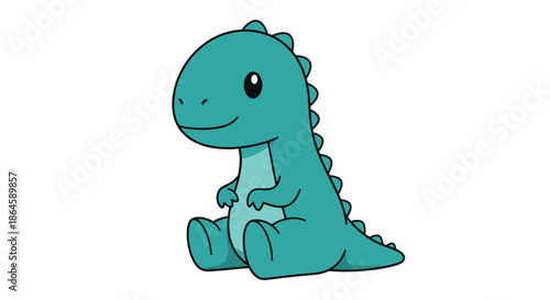 Adorable cartoon baby dinosaur in a lovely teal color sitting with a gentle smile, isolated on a clean white background.