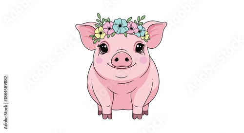Sweet cartoon piglet with big sparkling eyes and a colorful flower crown on its head, smiling happily on a white background.